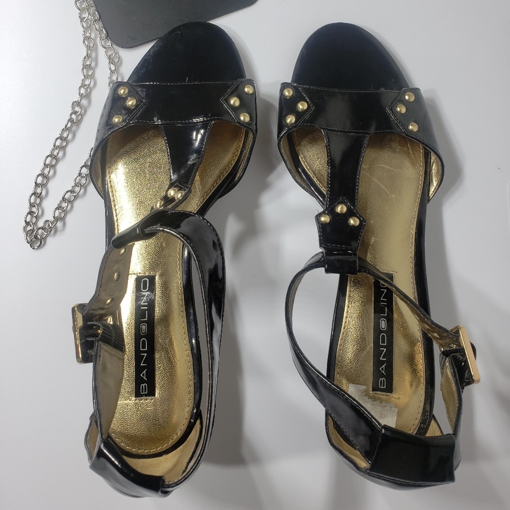 Bandolino black patent wedge sandals gold studs 7M